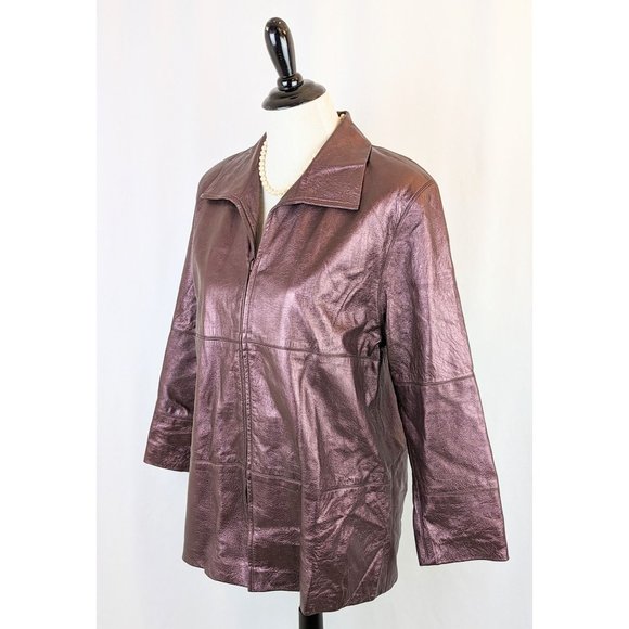 Womens Vintage Metallic Mauve Leather Jacket Ladies Small 1990s 3/4 Sleeve Coat - Picture 4 of 10